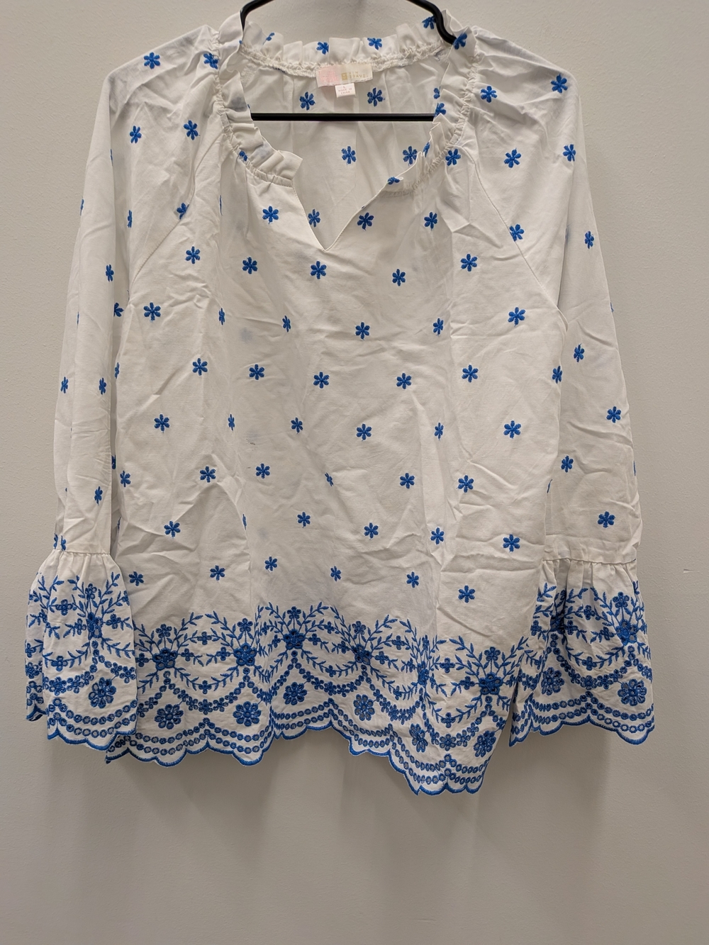 Embroidered Blouse Women L White Blue Floral Boho Long - Picture 4 of 8